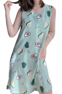 Pijama dama, tip camasa de noapte fara maneci, verde cu imprimeu avocado