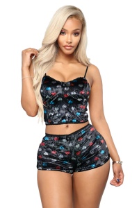 Pijama sexy dama, set 2 piese, top tip bustiera cu bretele subtiri si pantaloni scurti, model provocator, imprimeu grafic, inimioare, negru
