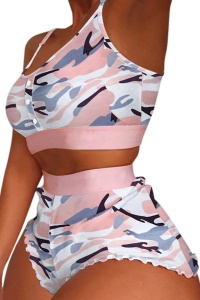 Pijama sexy dama, set 2 piese, top tip bustiera si pantaloni scurti, model cu imprimeu grafic, camouflage, gri