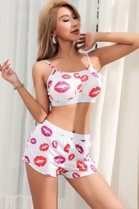 Pijama sexy dama, set 2 piese, top tip bustiera si pantaloni scurti, model cu imprimeu grafic, buze pasionale, alb - Img 3