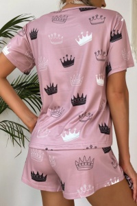 Pijama sexy dama, set 3 piese, bluza cu maneca scurta, pantaloni scurti si masca de dormit, model confortabil, tematica bow to the Queen, roz - Img 2