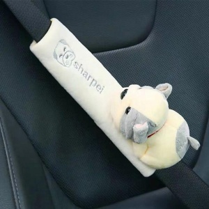 Protectie pentru centura de siguranta auto, pentru copii, model lumea animalelor, din material textil, prindere cu scai velcro, caine, crem - Img 2