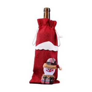 Saculet de Craciun pentru sticle de bauturi, model cu personaje de poveste, om de zapada vesel, prindere reglabila cu snur, tematica party winter, marime universala, rosu