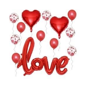 Set 13 baloane indragostiti, decor „Love“, simple si cu confeti, rosii