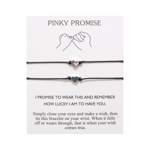 Set 2 bratari cuplu pinky promise, pandantiv inima argintie, reglabile, din sfoara, negre