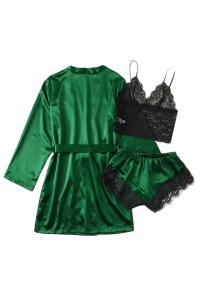 Set 3 piese, lenjerie tip pijama sexy, satin si dantela, halat, bustiera si pantalon scurt, verde - Img 2