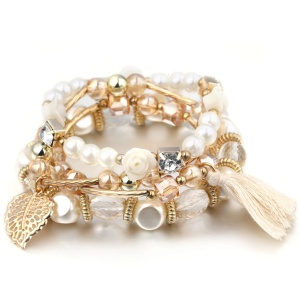 Set 4 bratari dama cu stil, simple si boeme, margele, trandafiri, frunza, din rasina, aurii cu alb,