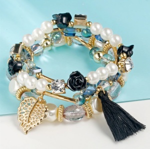 Set 4 bratari dama cu stil, simple si boeme, margele, trandafiri, frunza, din rasina, aurii cu negru, - Img 2