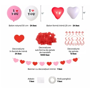 Set 48 baloane indragostiti, decor 1000 petale si banner, imprimeu „I love you“ - Img 2