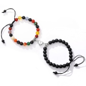Set bratari cuplu cu inimioara magnet, roca semipretioasa, neagra si colorata, reglabile, unisex
