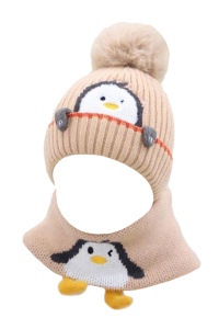Set caciula copii cu fular pentru iarna, model pinguin vesel, 6 luni – 3 ani, bej