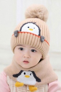 Set caciula copii cu fular pentru iarna, model pinguin vesel, 6 luni – 3 ani, bej - Img 3