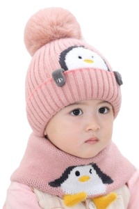 Set caciula copii cu fular pentru iarna, model pinguin vesel, 6 luni – 3 ani, roz - Img 2