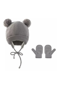 Set caciula copii cu manusi pentru iarna, model cu urechi pom pom, 1-4 ani, gri