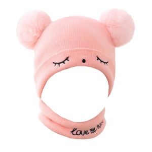 Set caciula iarna cu fular pentru copii, model cu urechi pom pom pufoase si sprancene, tematica love me more, marime universala, roz