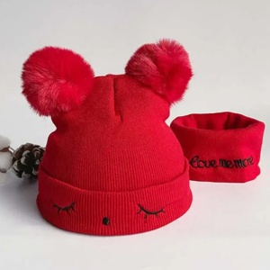 Set caciula iarna cu fular pentru copii, model cu urechi pom pom pufoase si sprancene, tematica love me more, marime universala, rosu - Img 3