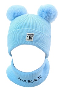 Set caciula pentru iarna cu fular pentru copii, model cu urechi pom pom, albastru deschis, marime universala