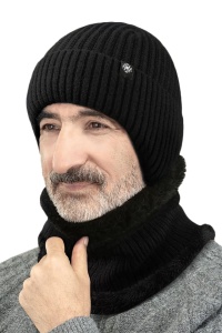 Set doua piese, caciula barbati cu fular asortat, model clasic calduros cu prelungire la urechi, tematica easy winter, marime universala, neagra