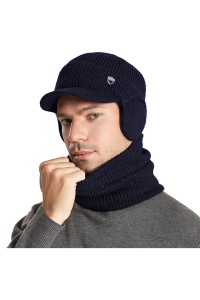 Set doua piese, caciula de barbati tip sapca moale cu cozoroc si protectie urechi, fular asortat, captuseala pufoasa, model office style, tematica I wanna be confortable, marime universala, albastru navy - Img 3