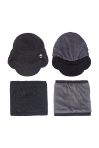 Set doua piese, caciula de barbati tip sapca moale cu cozoroc si protectie urechi, fular asortat, captuseala pufoasa, model office style, tematica I wanna be confortable, marime universala, negru - Img 4