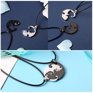 Set lant cuplu, 2 buc, tip sfoara, pandantive pisici, reglabile, unisex, argintie si neagra - Img 3