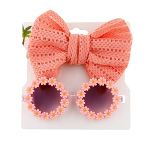 Set ochelari de soare pentru fetite cu funda supradimendionata pentru par, model floricele vesele, marime universala, corai