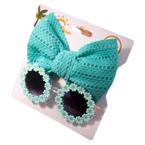 Set ochelari de soare pentru fetite cu funda supradimendionata pentru par, model floricele vesele, marime universala, verde - Img 2