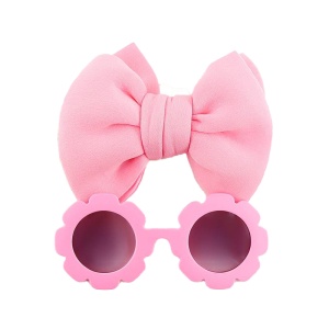 Set ochelari de soare pentru fetite, model rotund tip floare, accesorizat cu funda supradimensionata asortata, tematica fancy summer, marime universala, roz