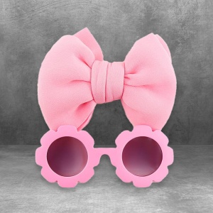 Set ochelari de soare pentru fetite, model rotund tip floare, accesorizat cu funda supradimensionata asortata, tematica fancy summer, marime universala, roz - Img 3