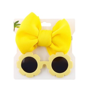 Set ochelari de soare pentru fetite, model rotund tip floare, accesorizat cu funda supradimensionata asortata, tematica fancy summer, marime universala, galben - Img 2