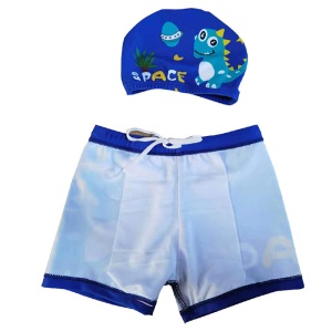 Set pantaloni de baie pentru baieti cu casca asortata, M2, tematica happy summer vibe, model dinozaur interstelar jucaus si extraterestrii prietenosi, albastru royal - Img 2