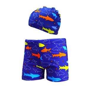 Set pantaloni de baie pentru baieti cu casca asortata, tematica lumea acvatica, model rechini jucausi, albastru cu portocaliu