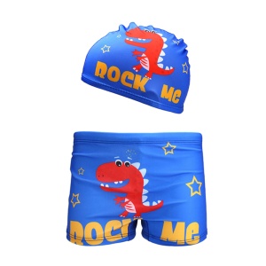 Set pantaloni de baie pentru baieti cu casca asortata, tematica lumea dinozaurilor acvatici, model rock me, albastru inchis