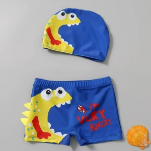 Set pantaloni de baie pentru baieti cu casca asortata, tematica lumea dinozaurilor acvatici, model dino pofticios I’m very hungry, albastru cu galben - Img 4