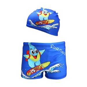 Set pantaloni de baie pentru baieti cu casca asortata, tematica petrecere de vara, model surfing cu steluta de mare, albastru