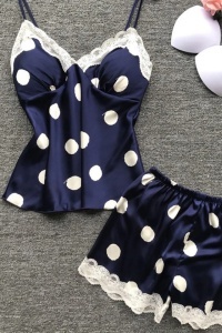 Set pijama, haine de stat in casa sexy, 2 piese, satin cu dantela, maieu si pantalon scurt albastru inchis cu buline albe - Img 2