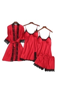 Set pijama, haine de stat in casa sexy, 4 piese, satin si dantela, halat, rochie, bluza si pantalon scurt rosu