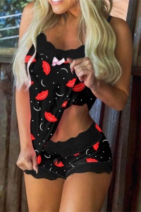 Set pijama, haine de stat in casa sexy cu dantela, 2 piese, negru - Img 3