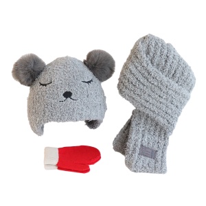Set trei piese, caciula pentru copii, model pom pom cu ochisori si nasuc, fular moale si manusi calduroase, tematica ready for snow, 1 – 4 ani, gri