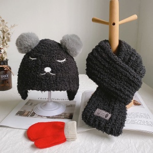 Set trei piese, caciula pentru copii, model pom pom cu ochisori si nasuc, fular moale si manusi calduroase, tematica ready for snow, 1 – 4 ani, neagra - Img 2