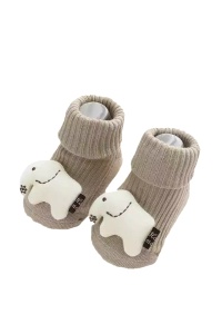 Sosete copii, calduroase, antiderapante, accesorizate, maro cu elt alb