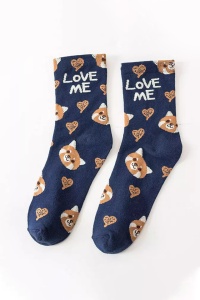 Sosete dama, moi si fine, cu mesaj “love me”, imprimeu animale, marime 36-42, albastre - Img 4