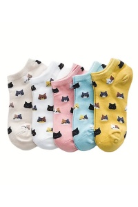 Sosete dama, set 5 perechi, model cu pisici haioase, scurte pana la glezna, tematica I love happy cat, marimea 36 – 42, multicolor