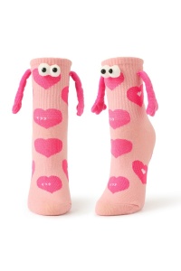 Sosete haioase, model vesel accesorizat cu manute cu magnet si ochisori, imprimeu cu inimioare, tematica crazy couple love, unisex, marime 36-42, roz deschis