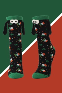 Sosete haioase, model vesel accesorizat cu manute cu magnet si ochisori, imprimeu norocos trifoi cu patru foi, tematica let's be friends, unisex, marime 36-42, verde inchis - Img 3
