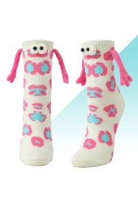 Sosete haioase, model vesel accesorizat cu manute cu magnet si ochisori, imprimeu abstract cool, tematica let's be friends, unisex, marime 36-42, roz cu albastru - Img 2