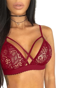 Sutien dama, bretele decorative, model floral, visiniu