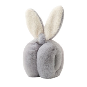 Acoperitori pentru urechi, protectie impotriva frigului, model casti pufoase cu urechi lungi de iepuras, pliabile, tematica happy bunny, marime universala, gri