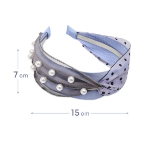 Bentita pentru par cu nod, model delicat si pretios, imprimeu cu buline si accesorii perlute, marime universala, albastra - Img 3