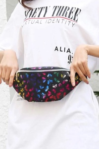 Borseta de talie sau umar, neagra, imprimeu fluturi colorati, dama - Img 2